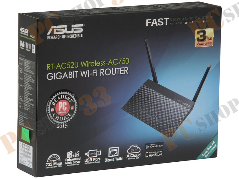 Беспроводной маршрутизатор ASUS RT-AC52U B1 WiFi 433Мбит/сек. + 4 порта LAN 1Гбит/сек. + 1 порт WAN 1Гбит/сек. + 1 порт USB2.0