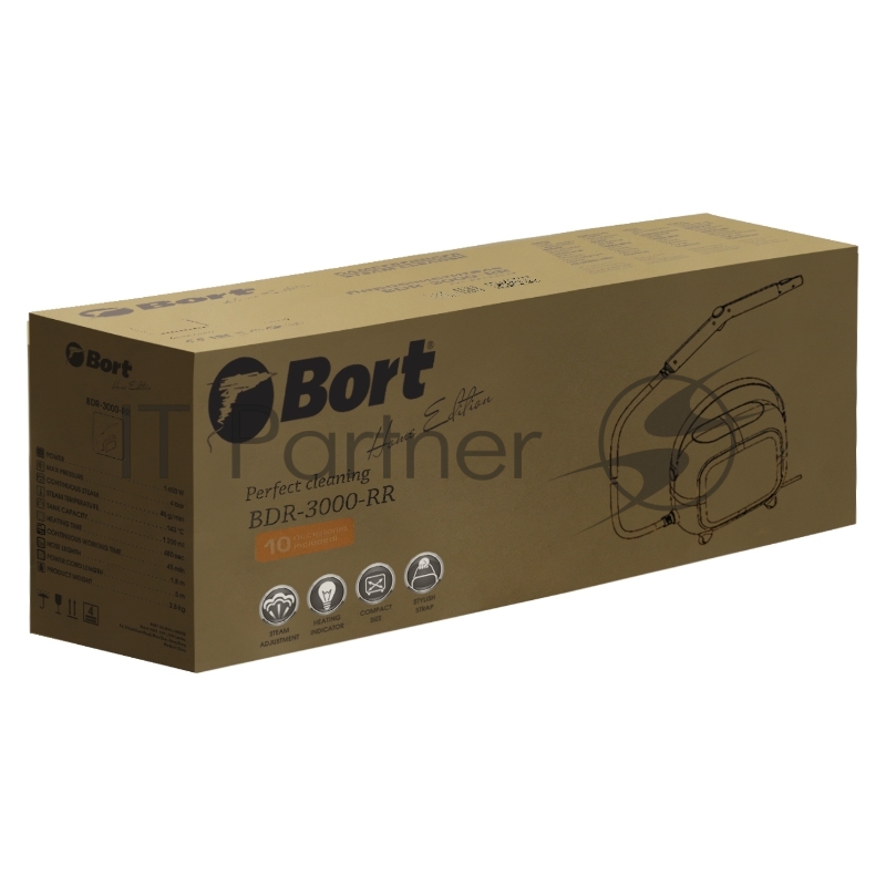Пароочиститель Bort BDR-3000-RR (93722425)Мощность 1650 Вт Макс давление 4 бар Постоянная подача пара 45 г/мин Температура пара 143 °С Емкость бачка 1200 мл Время нагревания 480 с Время непрерывной работы 45 мин Регулировка мощности пара Длина шланга