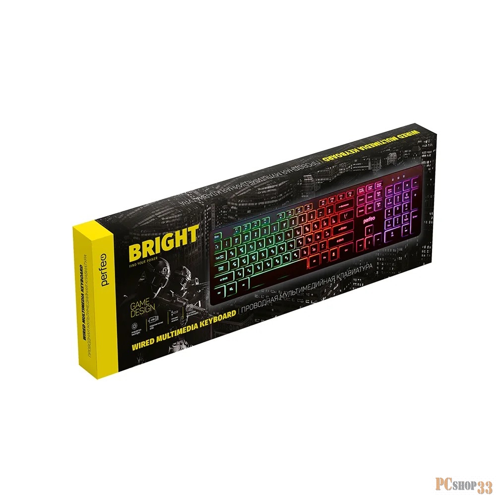 Клавиатура проводная Perfeo BRIGHT, GAME DESIGN, низкие кн., подсветка, USB, чёрный