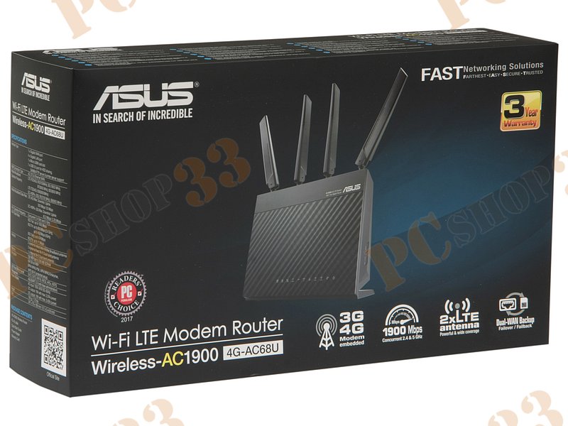 Беспроводной маршрутизатор ASUS 4G-AC68U 3G/4G + WiFi 1.3Гбит/сек. + 4 порта LAN 1Гбит/сек. + 1 порт WAN 1Гбит/сек. + 1 порт USB3.0