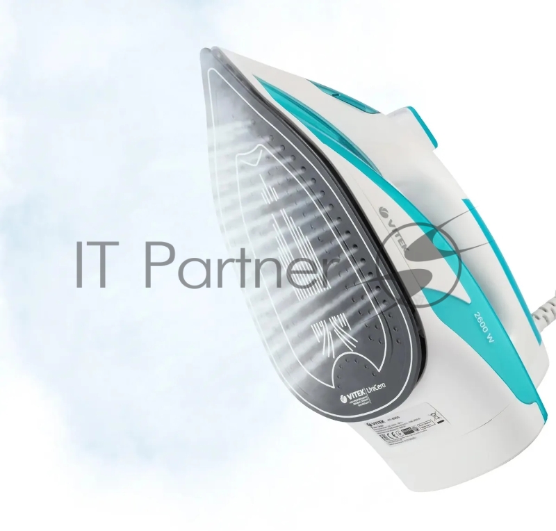 Утюг Vitek VT-8355 (MC) белый/бирюзовый 1. Максимальная мощность 2600 Вт 2. Керамическая подошва 3. Емкость для воды 400 мл