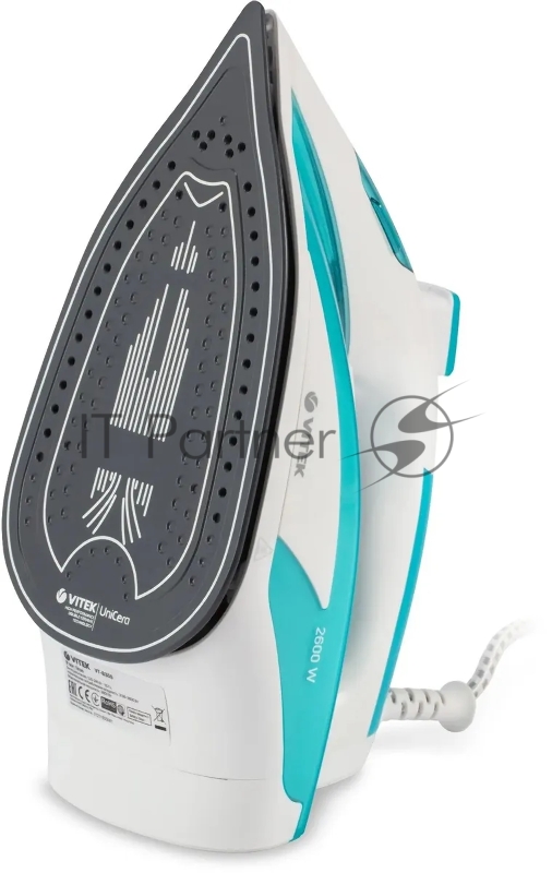 Утюг Vitek VT-8355 (MC) белый/бирюзовый 1. Максимальная мощность 2600 Вт 2. Керамическая подошва 3. Емкость для воды 400 мл