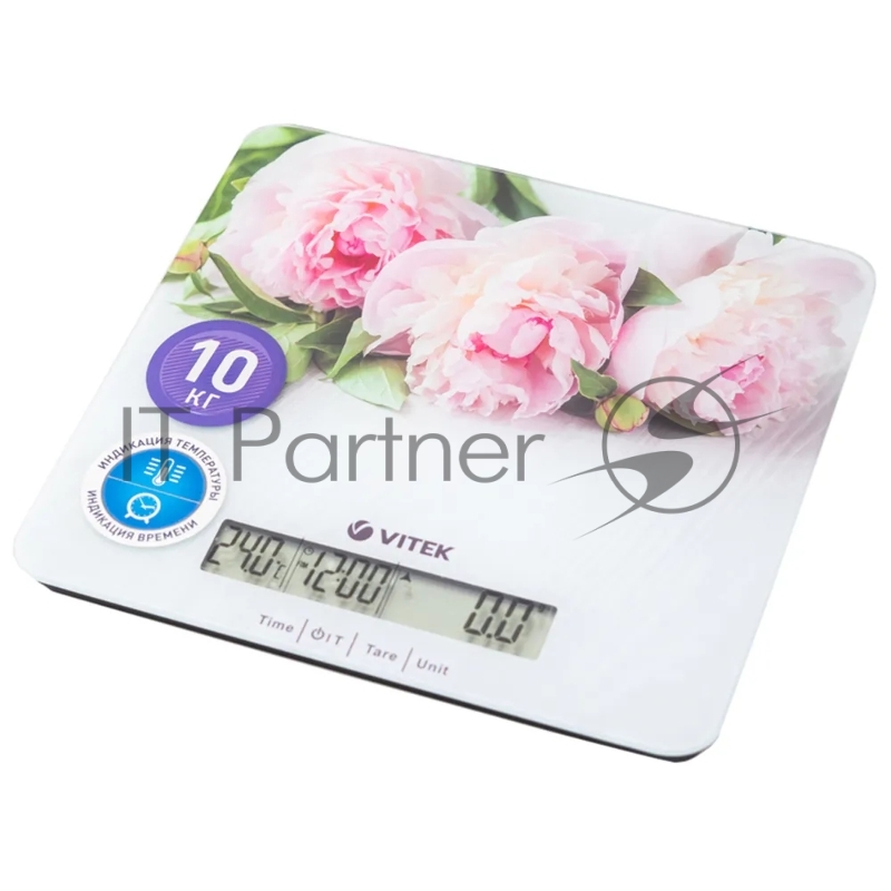 Весы кухонные Vitek VT-2414 (MC) цветы 1. Максимальный вес 10 кг 2. Цена деления 1 г 3. Размер LCD дисплея 95х18 мм