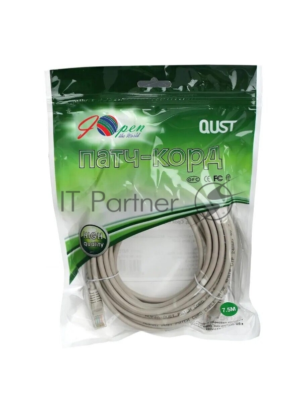 Патчкорд литой Aopen/Qust UTP кат.5е 7.5м серый