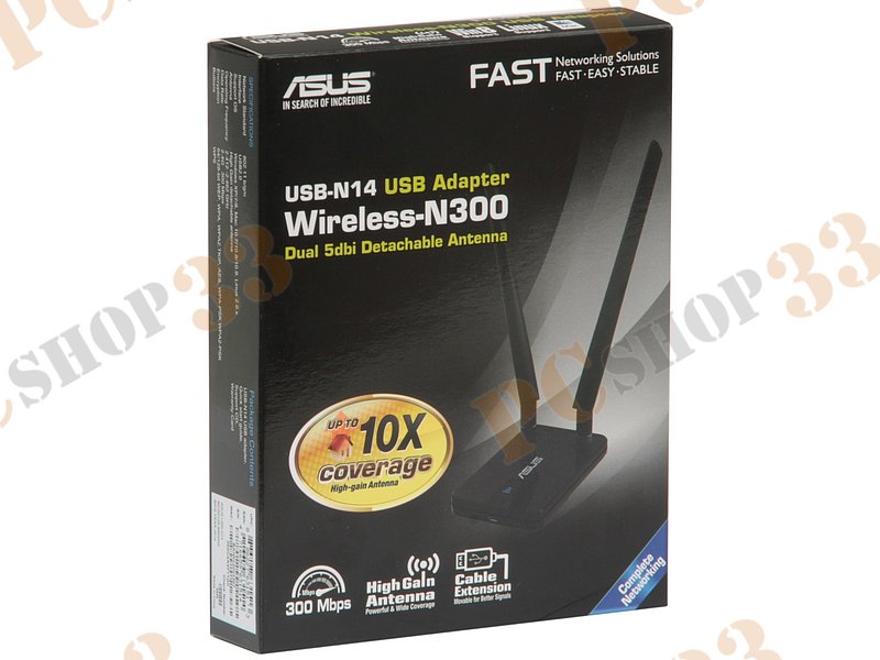 Сет.адаптер Wi-Fi 300Мбит/сек. ASUS USB-N14 802.11b/g/n (USB2.0)