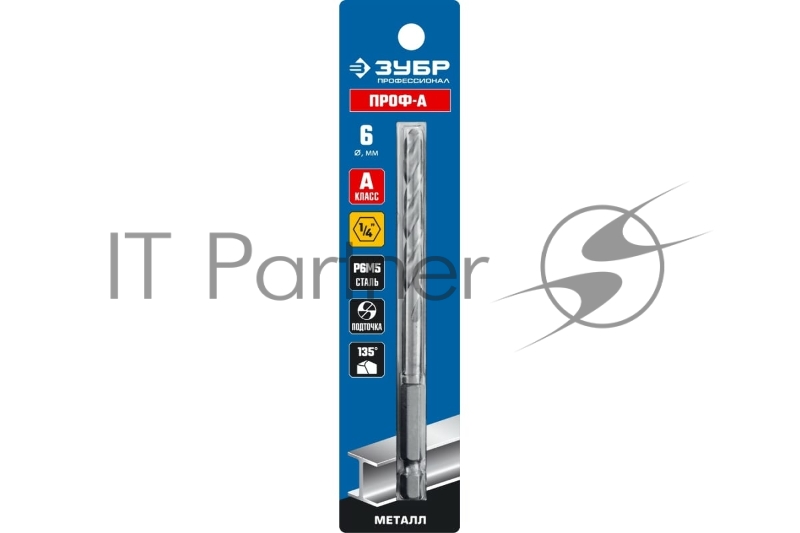 Сверло Зубр по мет НЕХ 1/4 шестиг хвостовик класс A сталь Р6М5 Проф d=6 0 мм 29623-6