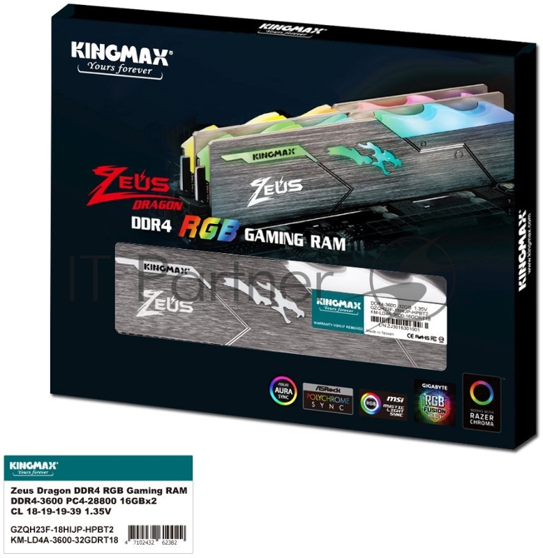 Память DDR4 32Gb 3600MHz Kingmax KM-LD4A-3600-32GDRT18 Zeus Dragon RTL CL18 DIMM 288-pin 1.35В