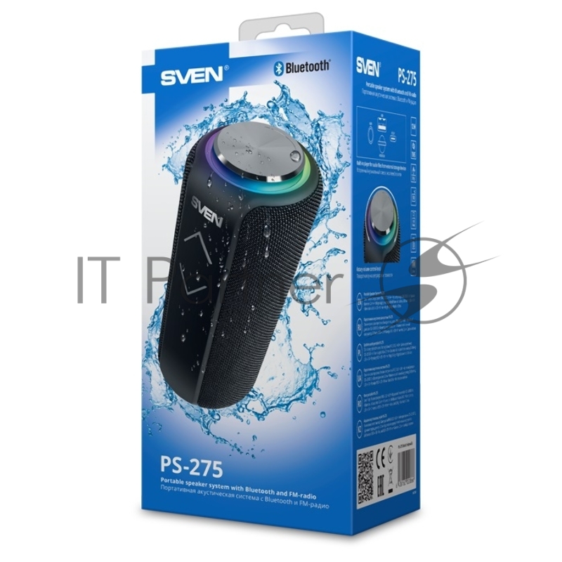 Мобильные колонки SVEN PS-275 2.0 чёрные (IPx5, 2x6W, USB, Bluetooth, micro SD, FM, подсветка, 2400 мA)