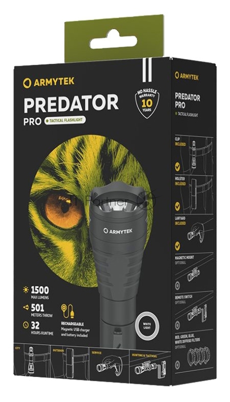 Фонарь Armytek Predator Pro Magnet черный/белый лам.:светодиод. (F07301W)
