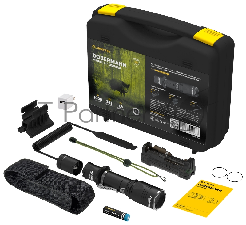 Фонарь Armytek Dobermann Hunting Kit черный/белый лам.:светодиод. (F02004C)