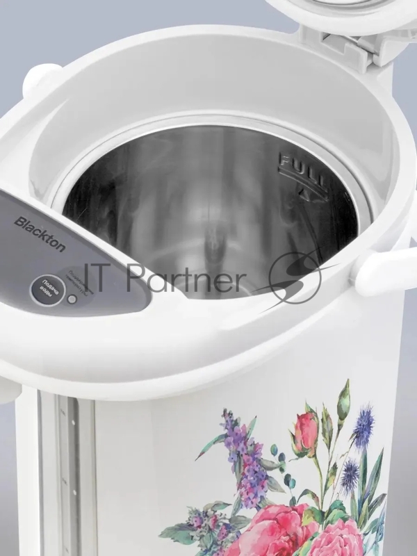 Термопот Blackton Bt TP535 Roses. Общий объем: 5л / Поддержание температуры: 85-96С / Способы подачи воды: 3 способа подачи воды - нажатием чашкой на клапан, электрическая помпа, ручная помпа / Потребляемая мощность (Вт): 750 Вт / Мощность в режиме