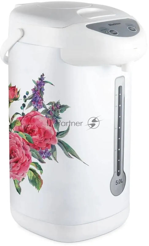 Термопот Blackton Bt TP535 Roses. Общий объем: 5л / Поддержание температуры: 85-96С / Способы подачи воды: 3 способа подачи воды - нажатием чашкой на клапан, электрическая помпа, ручная помпа / Потребляемая мощность (Вт): 750 Вт / Мощность в режиме