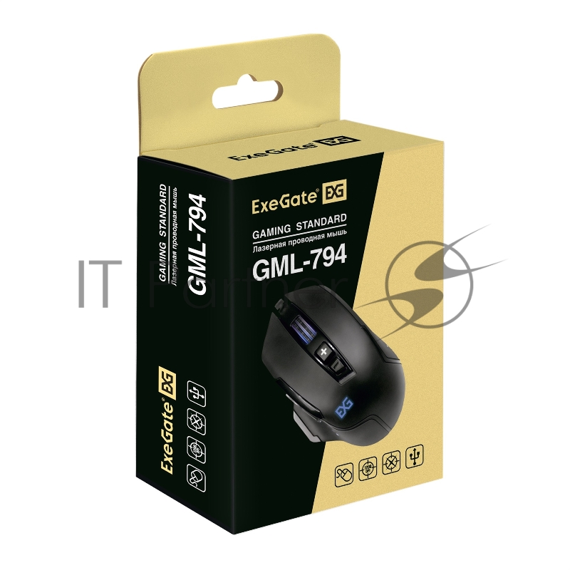 Мышь ExeGate Gaming Standard Laser GML-794 (USB, лазерная, 800/1600/2400/3200dpi, 8 кнопок и колесо прокрутки, длина кабеля 1,5м, черная, Color box)