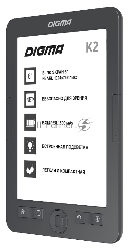 Электронная книга Digma K2 6 E-ink HD Pearl 758x1024 600MHz/4Gb/microSDHC/подсветка дисплея темно-серый