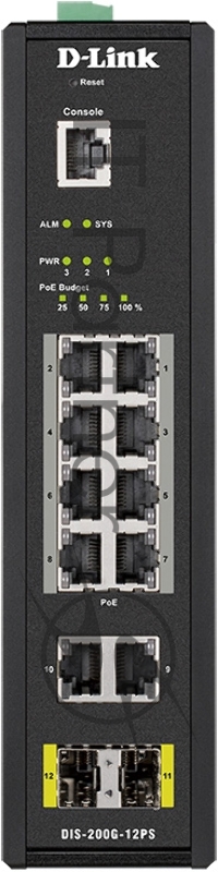 Промышленный управляемый коммутатор D-Link DIS-200G-12PS/A2A 2 уровня с 10 портами 10/100/1000Base-T и 2 портами 1000Base-X SFP (8 портов с поддержкой PoE 802.3af/802.3at (30 Вт), PoE-бюджет до 240Вт)