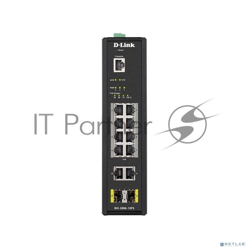 Промышленный управляемый коммутатор D-Link DIS-200G-12PS/A2A 2 уровня с 10 портами 10/100/1000Base-T и 2 портами 1000Base-X SFP (8 портов с поддержкой PoE 802.3af/802.3at (30 Вт), PoE-бюджет до 240Вт)