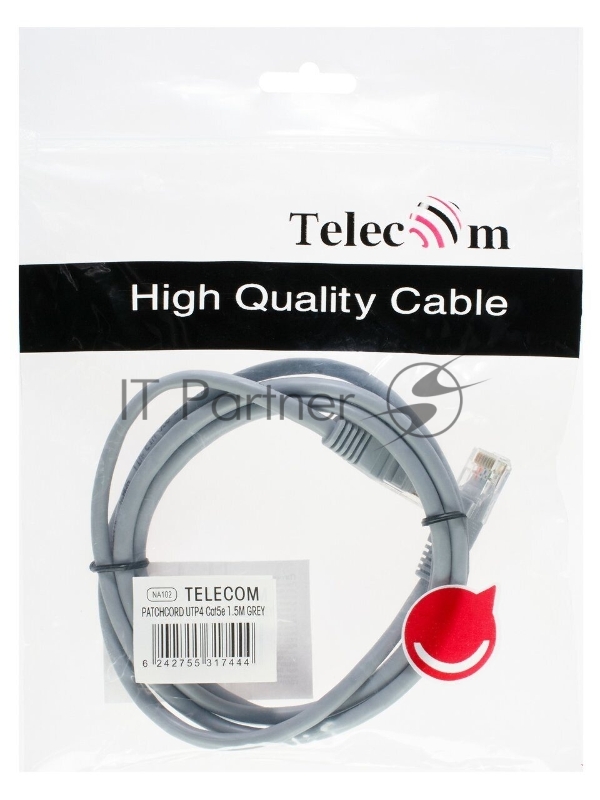 Патчкорд 1,5м Telecom UTP кат.5е RJ45, литой, серый, NA102--1.5M