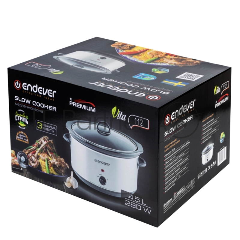 Медленноварка Endever Vita-112, серый/стальной, мощность 280 Вт, емкость 4,5л, 3 режима, эффект русской печи