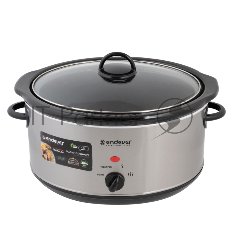 Медленноварка Endever Vita-112, серый/стальной, мощность 280 Вт, емкость 4,5л, 3 режима, эффект русской печи