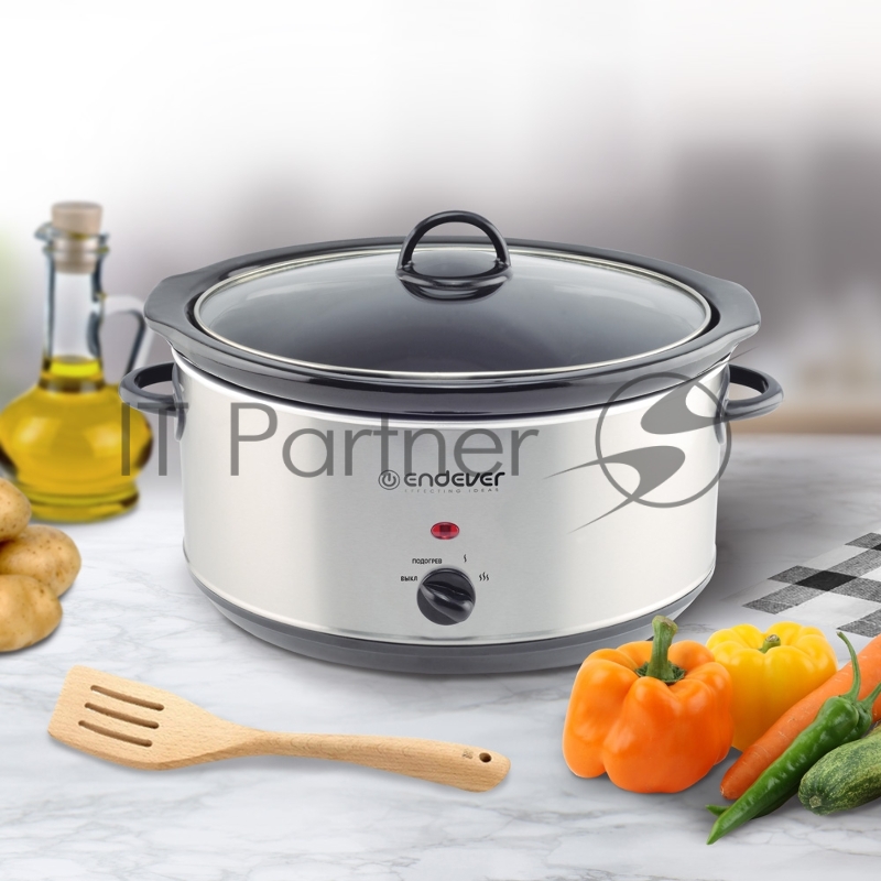 Медленноварка Endever Vita-112, серый/стальной, мощность 280 Вт, емкость 4,5л, 3 режима, эффект русской печи