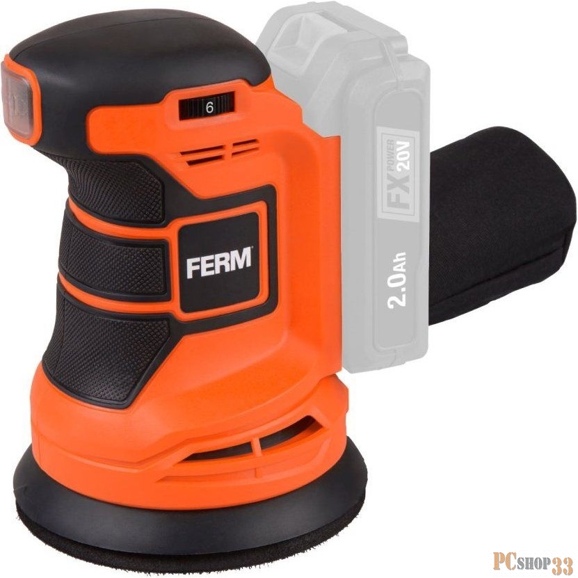 Аккумуляторная орбитальная шлифмашина FERM ESM1014 Li-Ion 20 В Компл. Solo (без акк. и ЗУ), 5000-10000 об.мин., диаметр подошвы 125 мм., регулировка скорости (6 положений), мешок пылесборника 6 шт., набор шлифовальной бумаги (P60 P80 P120)