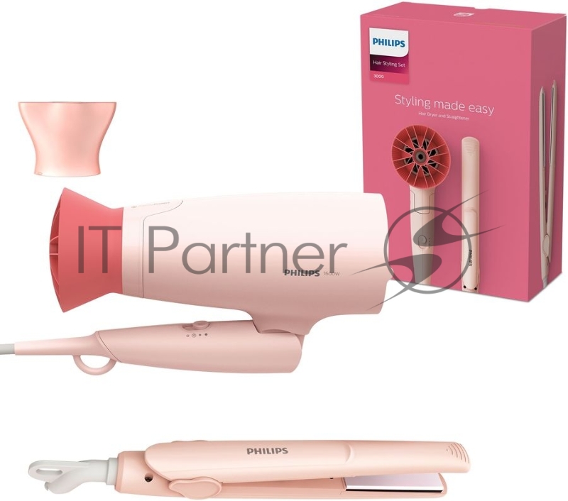 Прибор для укладки волос Philips набор фен + выпрямитель. Цвет розовый