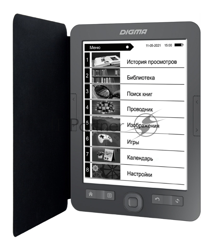 Электронная книга Digma M2 6 E-ink HD 758x1024 600MHz 128Mb/4Gb/SD/microSDHC/подсвет дисплея темно-серый (в компл.:обложка)