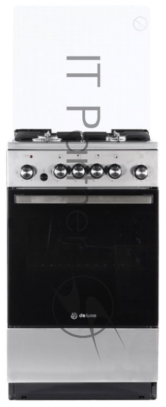 Комбинированная плита De Luxe 5040.41гэ(кр)чр 010 нержавеющая сталь4 газ. горелки, газ-контроль рабочего стола, чугунные решетки, интегрированный электророзжиг, электродуховка с терморегулятором, мех. таймер, гриль, вертел с электр. приводом, подсвет