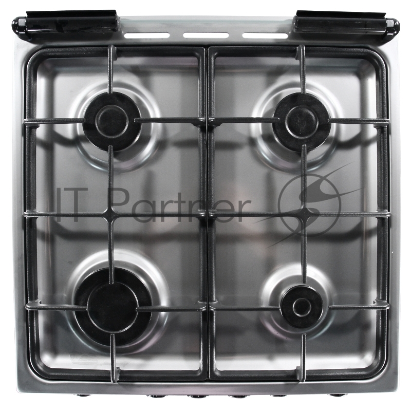 Комбинированная плита De Luxe 5040.41гэ(кр)чр 010 нержавеющая сталь4 газ. горелки, газ-контроль рабочего стола, чугунные решетки, интегрированный электророзжиг, электродуховка с терморегулятором, мех. таймер, гриль, вертел с электр. приводом, подсвет