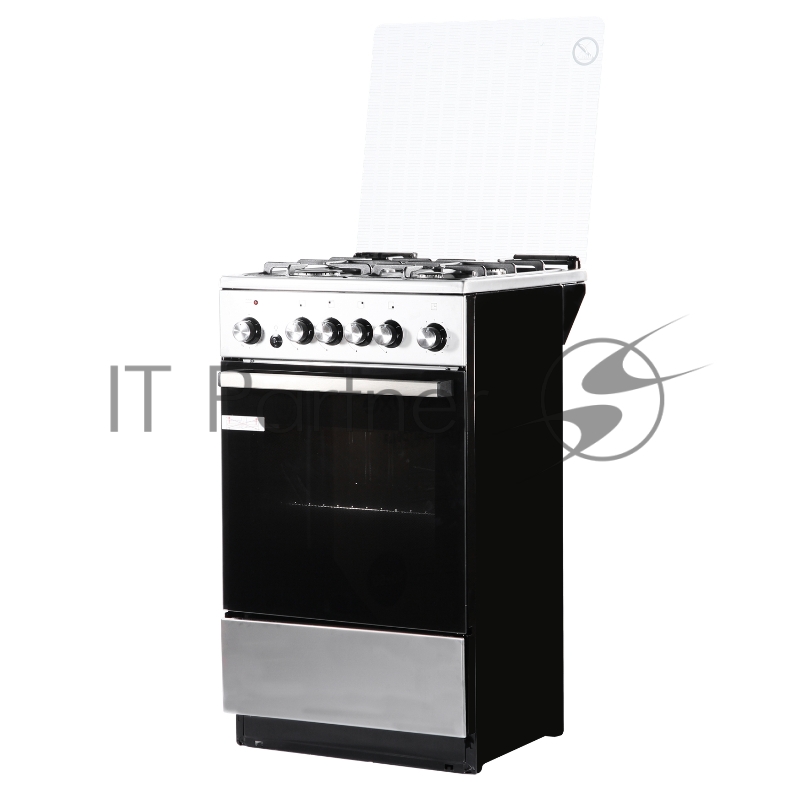 Комбинированная плита De Luxe 5040.41гэ(кр)чр 010 нержавеющая сталь4 газ. горелки, газ-контроль рабочего стола, чугунные решетки, интегрированный электророзжиг, электродуховка с терморегулятором, мех. таймер, гриль, вертел с электр. приводом, подсвет