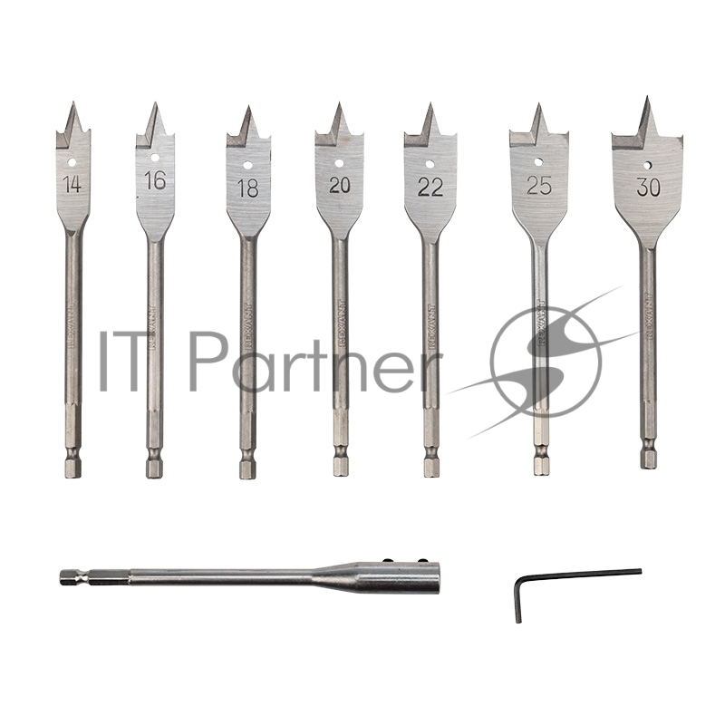 Набор сверл перовых по дереву 9 предметов: 14-16-18-20-22-25-30х152 мм, удлинитель, ключ угловой Kranz