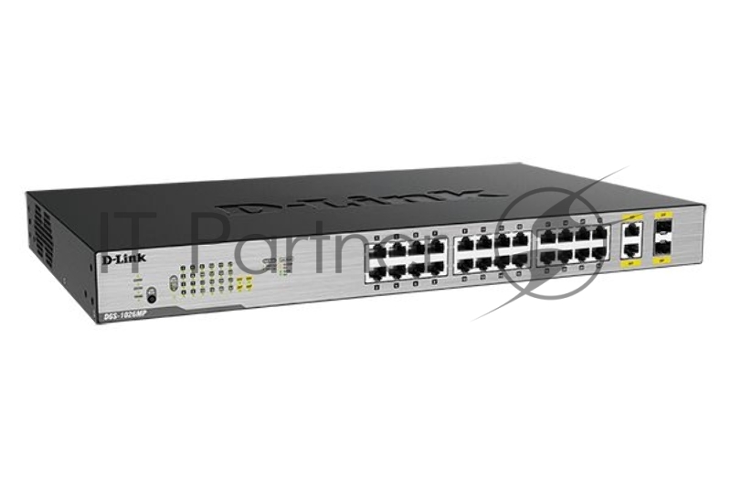 Неуправляемый коммутатор D-Link DGS-1026MP/B1A с 24 портами 10/100/1000Base-T, 2 комбо-портами 100/1000Base-T/SFP и функцией энергосбережения (24 порта PoE 802.3af/at (30 Вт), PoE-бюджет 370 Вт)