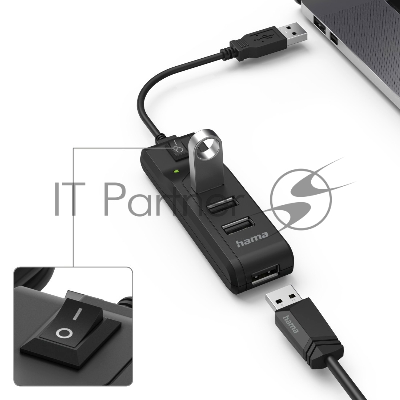 Разветвитель USB 2.0 Hama H-200118 4порт. черный (00200118)