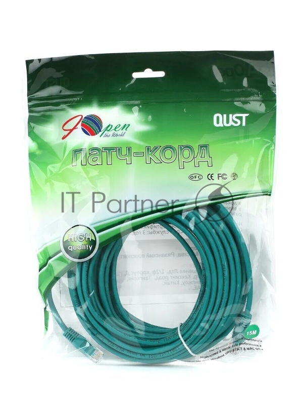 Патчкорд литой Aopen UTP кат.5е 15м зеленый