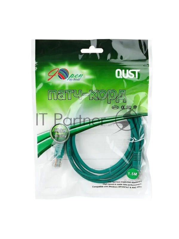 Патчкорд литой Aopen/Qust UTP кат.5е 1,5м зеленый <ANP511_1.5M_G>