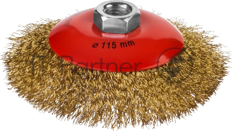 Щетка коническая для УШМ, витая стальная латунированная проволока 0,3 мм, d=115 мм, MIRAX 35143-115