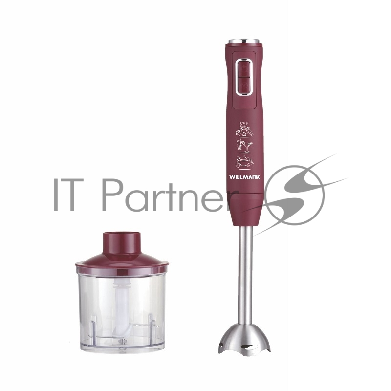 Блендер погружной WILLMARK WHB-1250PS (500Вт,рег.скор,турбо режим,Soft touch, измельчитель,бордовый)
