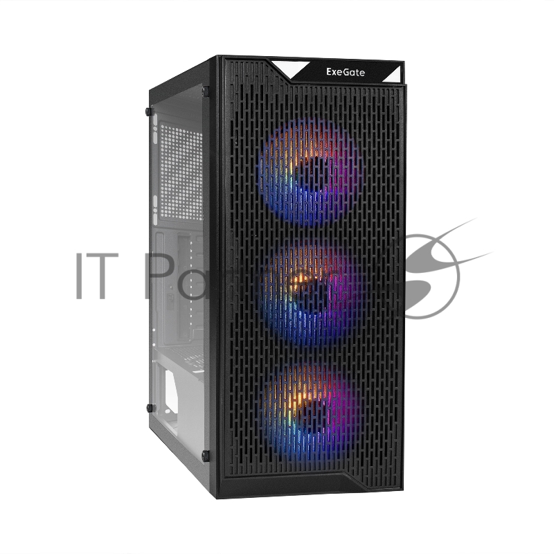 Корпус Miditower ExeGate EVO-5001 (ATX, без БП, 2*USB+1*USB3.0, HD аудио, черный, 3 вент.12см с RGB подсветкой, пылевые фильтры, боковая панель - закаленное стекло)