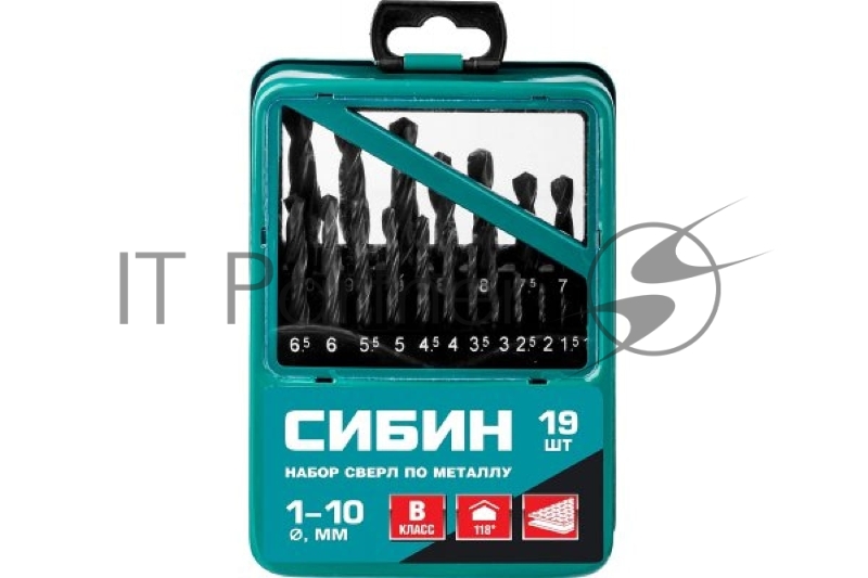 Набор сверл по металлу, быстрорежущая сталь, класс В, мет. бокс СИБИН 19 шт (1-10мм)