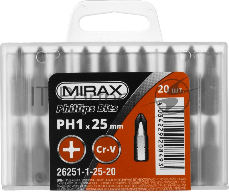 Биты MIRAX PH№1, тип хвостовика C 1/4, длина 25мм, 20шт