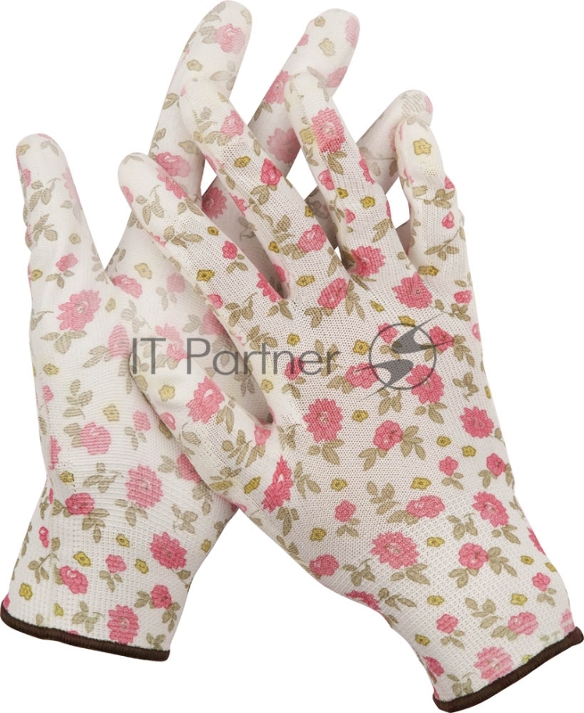 Перчатки GRINDA садовые, прозрачное PU покрытие, 13 класс вязки, бело-розовые, размер S