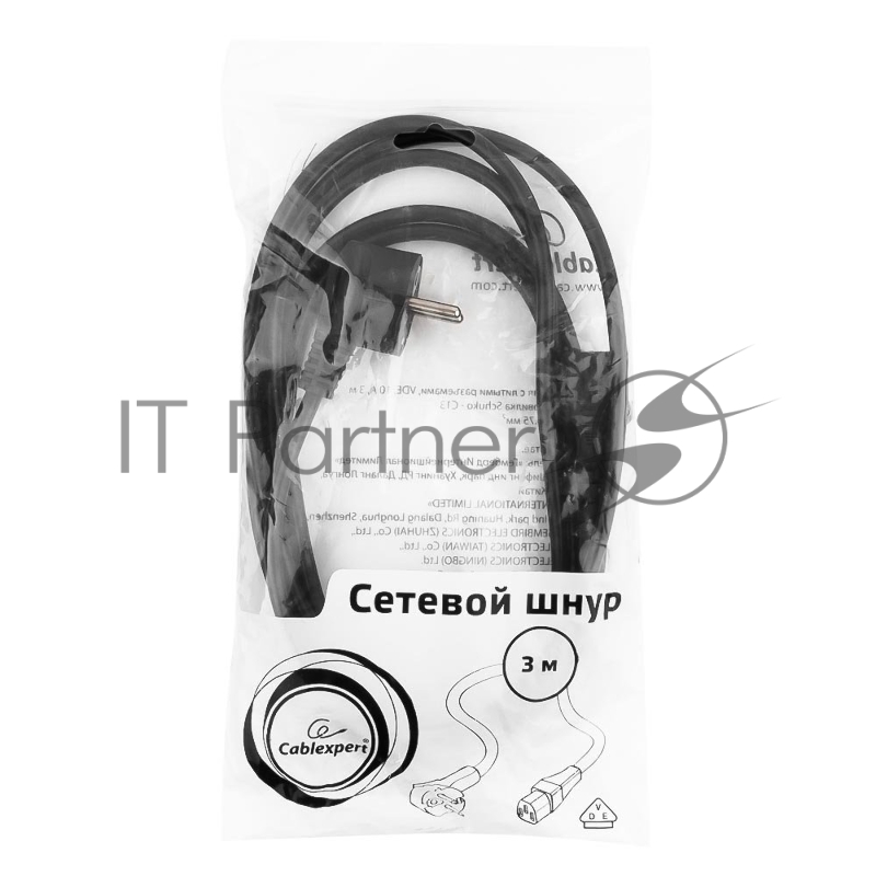 Кабель питания Cablexpert PC-186-VDE-3M, 3м, Schuko- C13, VDE, 10А, Сечение провода: 0,75 мм2, черный, с заземлением {75}