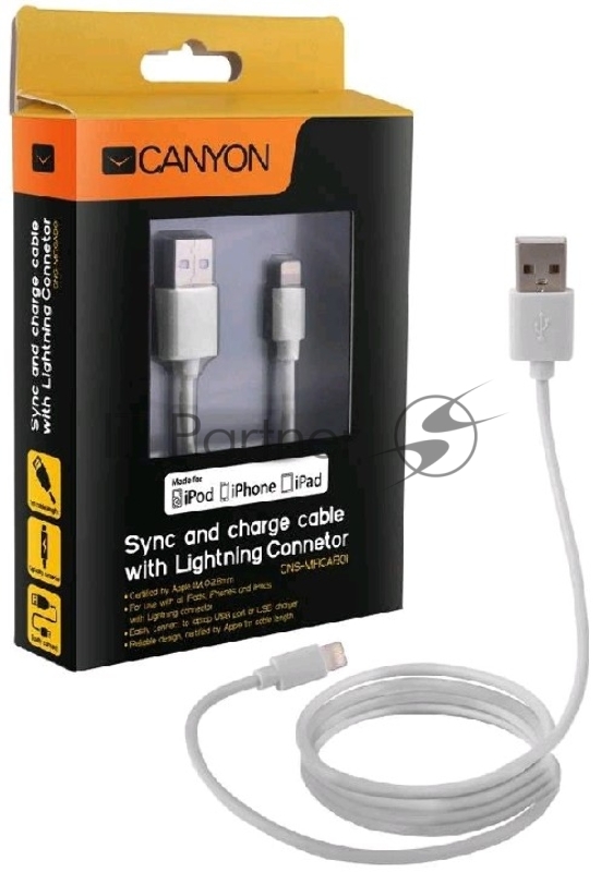 Кабель Apple Lightning коннектор USB2.0, 1.0m, CANYON CNS-MFICAB01W, Сертификация MFI, White