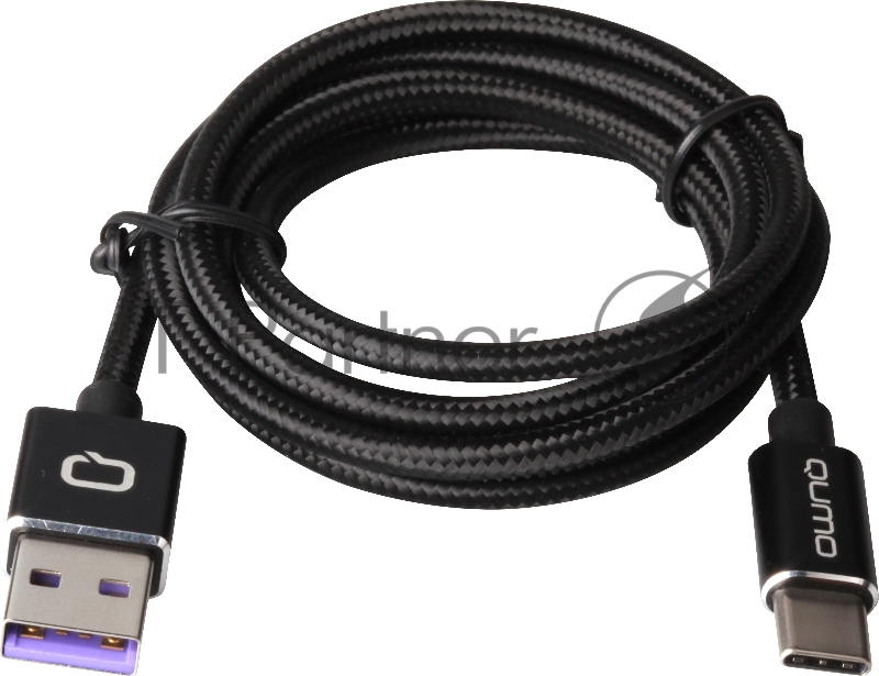Кабель Qumo Type-С кабель, 1м, USB 2.0, 5В, 5А, 25Вт, тканевая оплетка, стальной коннектор, черный