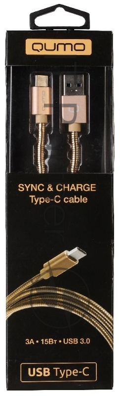 Кабель Qumo Type-С кабель, 1м, USB 3.0, 5В, 3А, 15Вт, металлическая оплетка, металлический коннектор, золотой