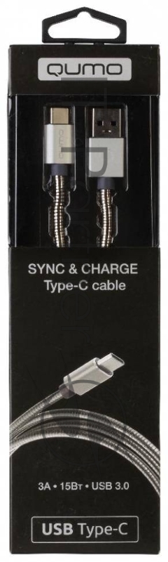 Кабель Qumo Type-С кабель, 1м, USB 3.0, 5В, 3А, 15Вт, металлическая оплетка, металлический коннектор, серебряный