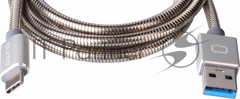 Кабель Qumo Type-С кабель, 1м, USB 3.0, 5В, 3А, 15Вт, металлическая оплетка, металлический коннектор, серебряный