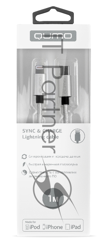 Кабель Qumo MFI, Type-С - Apple 8 pin, 1м, Type-C, 5В, 2,4А, 12W, нейлоновая оплетка, металлический коннектор, серебро