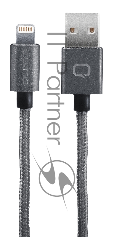 Кабель Qumo, MFI С48, USB-Apple 8 pin, 1,5м, 5В, 2,4A, 12Вт, опл. нейлон, кон металл, темно-серый