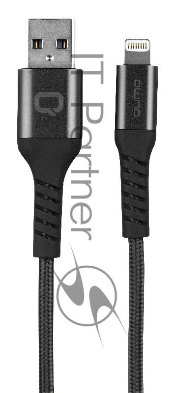 Кабель Qumo, MFI С48, USB-Apple 8 pin, 1м, 5В, 2,4A, 12Вт, опл. нейлон, кон металл, усиление у коннектора, черный